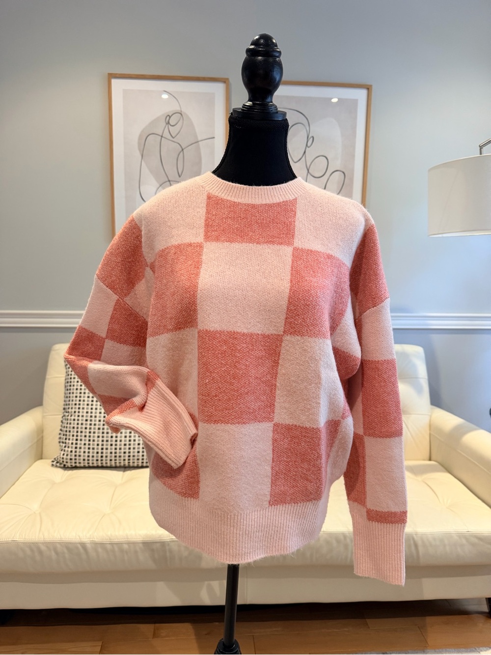 RW&CO. Pink Checkerboard Crewneck Sweater